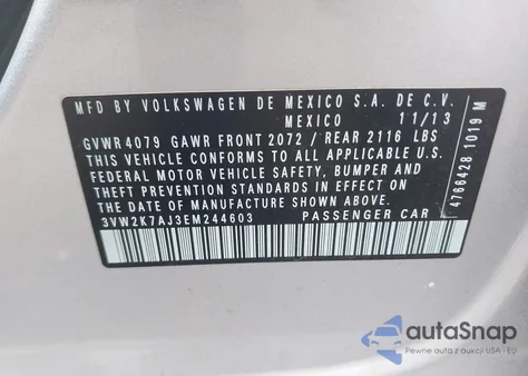 2014 Volkswagen Jetta 2.0L S from USA, damaged, VIN 3VW2K7AJ3EM244603